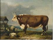 James Ward Hereford Bull with Sheep by a Haystack oil painting on canvas
